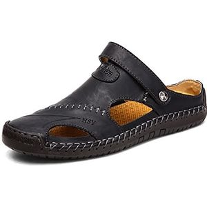 VGOLS Heren ademende sandalen comfort plus size schoenen casual strand wandelschoenen koeienhuid donkere pantoffels voor buiten wandelen rijden (kleur: zwart, maat: 10,5 UK)