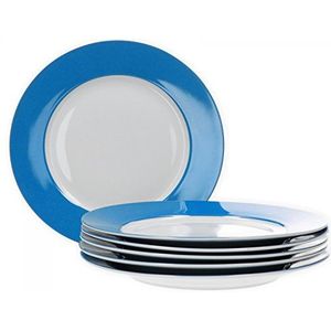 Van Well Vario platte borden, 6-delig, tafelservies voor 6 personen, platte eetborden met Ø 26,5 cm, porseleinen servies wit met rand in blauw, bordenset, magnetronbestendig