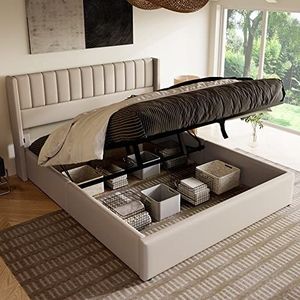 Idemon Opbergbed, gestoffeerd bed, hydraulisch, tweepersoonsbed, 160x200cm, lattenbodem van hout, bed met lattenbodem van metalen frame, linnen, beige (160x200cm)