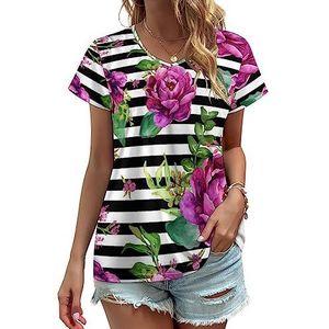 Roze bloemen - zwart-witte strepen dames V-hals T-shirts schattige grafische korte mouw casual T-shirt tops XL