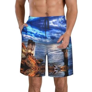 Groene Palmboom Bladeren Roze Print Heren Zwemplank Shorts Zwembroek Trunks Badmode Sneldrogende Surfen Strand Essentiële Zomer, Pelikaan Vogels Blauwe Zee Hemel, XXL