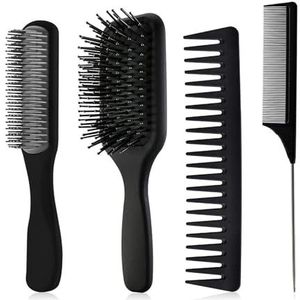 Mythus 4-in-1 haarborstelset, antistatische stylingkam met 9 rijen, peddelborstel, koolstofstaartkam, brede tandenkam voor dames of heren, ideale haarverzorgingsoplossing (zwart)