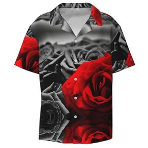 OdDdot Zwart Wit en Rode Rozen Print Heren Jurk Shirts Atletische Slim Fit Korte Mouw Casual Business Button Down Shirt, Zwart, XXL