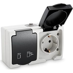 ABSINA Opbouwstopcontact voor vochtige ruimtes, dubbel opbouwstopcontact met klapdeksel, IP44, 250 V, 16 A, 2-polig