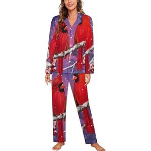 Rode kardinaalvogel zit op besneeuwde takken dames lange mouw button down nachtkleding zachte nachtkleding lounge pyjama set XL