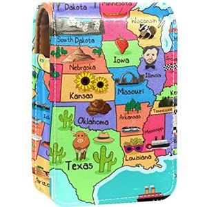 USA Map Draagbare Lipstick Case voor Reizen,Mini Lipstick Opbergdoos met spiegel voor Vrouwen Dames, Lederen Cosmetische Pouch, Meerkleurig, 9.5x2x7 cm/3.7x0.8x2.7 in