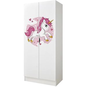 Leomark Witte kindergarderobe - UV-print: roze eenhoorn, 70 cm (B) x 42,5 cm (D) x 162 cm (H), kinderkamer