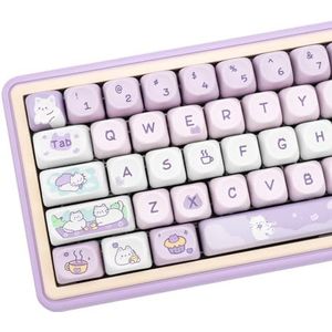 COOMICKEY PBT Keycaps, MOA Profiel Keycaps 132 Toetsen Dye Sublimatie Paars Leuke Kat Aangepaste Keycaps voor ANSI Layout Cherry MX-schakelaars Mechanische Toetsenborden