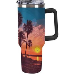 STVNKML 40 oz beker met handvat palmboom zonsondergang roestvrijstalen koffiemok herbruikbare reismok lekvrije geïsoleerde autobeker grote capaciteit beker voor reizen, buiten, thuisgebruik (zwart)