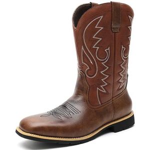 KYOESCAI Cowboylaarzen voor heren met vierkante neus, geborduurde western retro-laars, waterafstotende, duurzame laarzen voor buiten,Bruin,38 EU