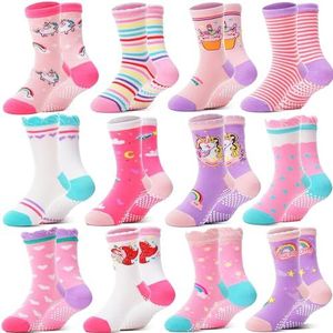 Welwoos Antislipsokken Kinderen Baby Meisjes Grappige Sokken Antislip Sokken Kinderen Anti Slip Antislip Cadeau Katoen Sokken voor Kinderen Meisjes Peuter 12 Paar (Regenboog, 24-26)