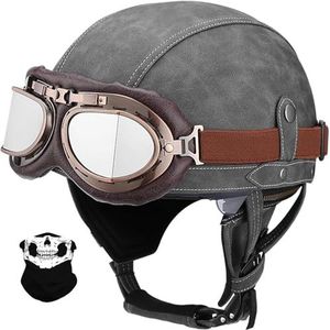 Duitse leren motorhelmen met DOT/ECE, vintage helmen met veiligheidsbril, retro jethelm, chopperhelm, scooterhelm, fietshelm, met zonneklep C,M=57-58CM