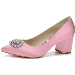 HFWXYSA Dames Bruids Trouwschoenen Chunky Blok Hak Jurk Pompen Satijn Kristal Gesloten Teen Bruidsmeisje Schoenen,Roze,35 EU