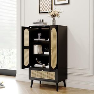 Crlnaup Compact dressoir (1,1 m), rotan design, zwart, 2 deuren, 1 lade, highboard, eetkamerkast, boekenkast, veelzijdige opbergoplossingen