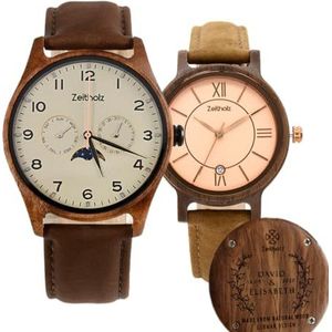 Zeitholz Houten horloges voor koppels, gratis gravure, geschenken, analoog horloge, Klitten 42mm & Rosenbach 36mm, 100% natuurlijk hout, Japans quartz uurwerk., Beige