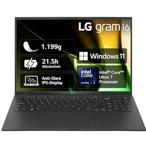 2024 LG gram 16 inch notebook, 1199 g Intel Core Ultra5 laptop (8 GB RAM, 512 GB Dual SSD, 21,5 uur batterijduur, IPS-paneel, anti-glare display, Win 11 Pro), zwart