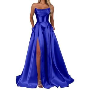 Satijnen bruidsmeisjesjurken voor dames, voor bruiloft, ruches, avondjurken, cocktailjurken, grote maten, koningsblauw, 32