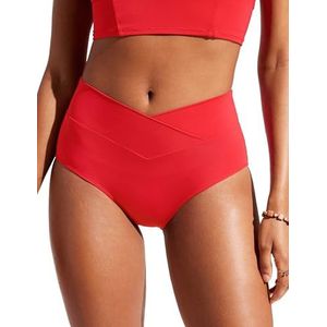 CRZ YOGA V-hals bikinibroekje voor dames, hoge taille, kruisvormige voorkant, badpak, volledige bedekking, zwembroek Diep rood S