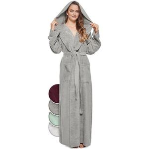 jazzylab Badjas voor dames, 100% katoen (340 g/m²) met capuchon, extra lang, Oeko-Tex, wollige badjas, saunajas, ochtendjas, huisjas, grijs, S