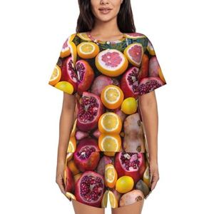 YQxwJL Fruit Foto Print Vrouwen Pyjama Sets Shorts Korte Mouw Lounge Sets Nachtkleding Casual Pjs Met Zakken, Zwart, M