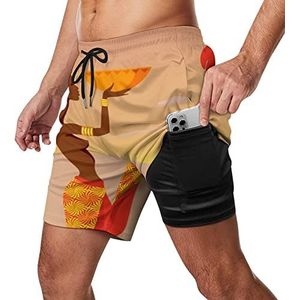 Afrikaanse Vrouw Heren Zwembroek Sneldrogende 2 in 1 Strand Sport Shorts met Compressie Voering En Zak