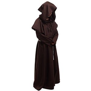 BLESSUME Friar middeleeuwse Hooded Robe Monnik Renaissance Priester Robe Halloween Cosplay Kostuum (XL, Bruin Cowl Hoed+gewaad taille touw+ketting)