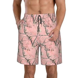 Rustieke Oude Schuur Hout Print Heren Zwemmen Board Shorts Zwembroek Trunks Badmode Sneldrogende Surfen Strand Essentiële Zomer, Roze bladeren Camo, XXL