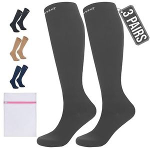 360 Relief 3 Paar Compressiesokken Dammes en Herren - Effen Kleuren Compressiekousen voor Sport, Hardlopen, Vliegen, Reizen, Joggen, Fietsen, Werk - Grijs S/M Kniehoge sokken met Mesh Waszakje