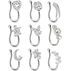 yeeplant 9 STKS strass verfraaid mini niet-piercing faux neusringen en oorclips set, Zinklegering, Geen edelsteen