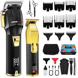 HIENA PRO Professionele tondeuse-set voor mannen, draadloze kappersset met LED-display en oplaadbare USB, geschenken voor mannen (zwart goud)