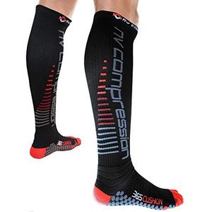 NV Compression 365 Cushion Socks - Black - Compressie Sportsokken - voor hardlopen, fietsen, triatlon, gym, Zwart/Rood Streep, XL