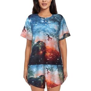 3d Galaxy Space Print Dames Zomer Zachte Tweedelige Bijpassende Outfits Korte Mouw Pyjama Lounge Pyjama Sets, Zwart, 3XL