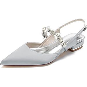 Dames Punta Bruidsflats Met Kristallen Slingback Satijnen Prom Avond Bruiloft Partij Jurk Flats,Zilver,36 EU