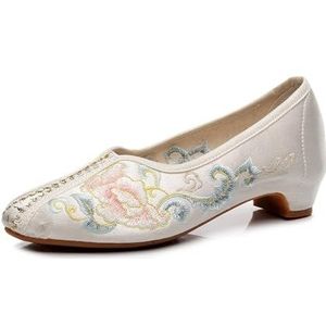 2024 Chinese Stijl Old Beijing Geborduurde Bloem Schoenen Etnische Stijl Casual Slip Op Doek Schoenen Puntschoen Cheongsam Yoga Ballet Schoenen Voor Vrouwen(Color:Beige,Size:34 EU)