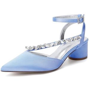 HFWXYSA Dames Pumps Puntige neus Strass Enkelbandje Chunky Blokhak Slingback Cloesd Toe Bruiloft Feest Jurk Schoenen,Light blue,41 EU