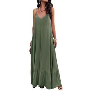 Zomerse maxi-jurk voor dames, casual, mouwloos, spaghettibandjes, lange strandjurk met zak, Groen, L
