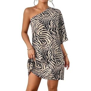 jurken voor dames Zebragestreepte jurk met één schouder - Casual tuniek met asymmetrische hals - losse pasvorm, korte lengte - veelkleurig, zwart en wit (Color : Multicolore, Size : L)