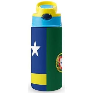 Curaçao Portugal Vlag 350 ml waterfles met rietje koffiebeker waterfles roestvrij staal reismok voor vrouwen mannen blauwe stijl