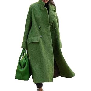 WJANYHN Lange wollen wintermantel voor dames, effen van kleur, temperamentvol, voor woon-werkverkeer, zonder ceintuur, valt ruim, groene wollen jas, Groen, XXL