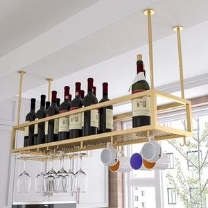 Wijnrekken Hangend wijnrek, metalen plafondflessenrek, vintage display-wijnopslaghouder met glaswerkglasplank Plafondplank (Color : Gold, Size : 60x25cm)