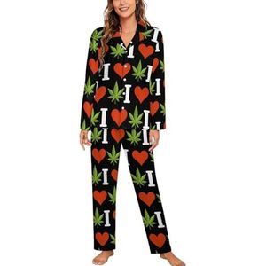 I Love Weed dames lange mouw button down nachtkleding zachte nachtkleding lounge pyjama set XL