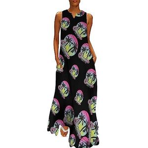 Cancun Zomerse vintage palmboom dames enkellengte jurk slanke pasvorm mouwloze maxi-jurk casual zonnejurk L