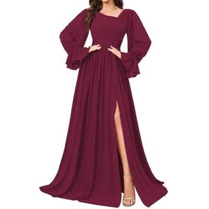 HPPEE Bruidsmeisjesjurken met lange mouwen en split geplooide chiffon formele avondjurk feestjurk, Bordeaux, 32