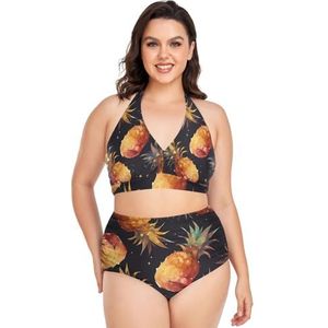 Abstracte Kunst Ananas Fruit Vrouwen Bikini Sets Plus Size Badpak Twee Stukken Hoge Taille Strandkleding Meisjes Badpakken, Pop Fashon, XXL