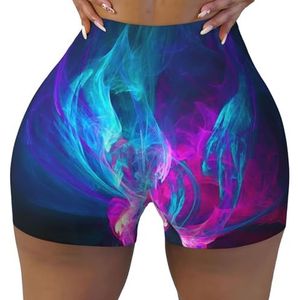 ELRoal Dames sport elastische shorts blauw en roze vuur afdrukken vrouwen workout shorts ademend en sneldrogend yoga shorts, Zwart, XXL-3XL kort