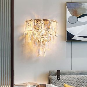 Moderne Kristallen Wandlamp, E14 Gouden Kristallen Wandkandelaar Licht, Voor Slaapkamer Woonkamer Keuken Hal Trap Restaurant Hotelverlichting (Goud-2)