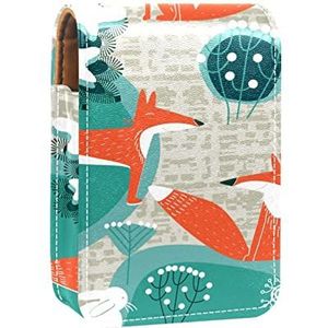 Lippenstift Hoesje met Spiegel Leuke Winter Oranje Vos Konijn Boom Lip Glans Houder Draagbare Lippenstift Opbergdoos Reizen Make-up Tas Mini Lederen Cosmetische Pouch Houdt 3 Lippenstift