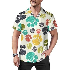 Kleurrijke Doodle Paw Print Heren Casual Button-Down Shirts Korte Mouw Cubaanse Kraag Tees Tops Hawaiiaans T-shirt L
