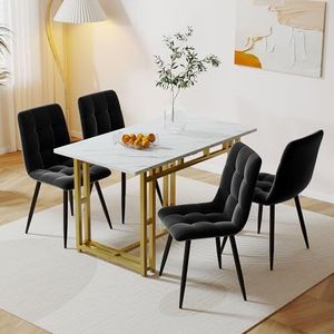 Aunvla 120 x 70 cm, gouden eettafel met 4 stoelen, moderne keuken, eettafel, zwart, fluwelen eetkamerstoelen, gouden ijzeren beentafel