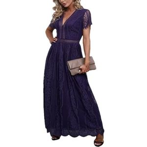 Dvbfufv Vrouwen Kant Bloemen Maxi Jurk Vrouwen Elegante Party V-hals Jurk Vrouwelijke Zomer Korte Mouw Hollow Out Jurk, Donkerblauw, M